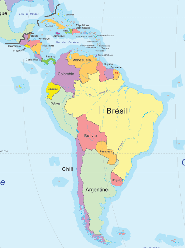 Carte d'Amérique du Sud politique