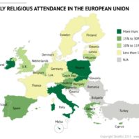 Europe – Religion : assiduité hebdomadaire (2015)