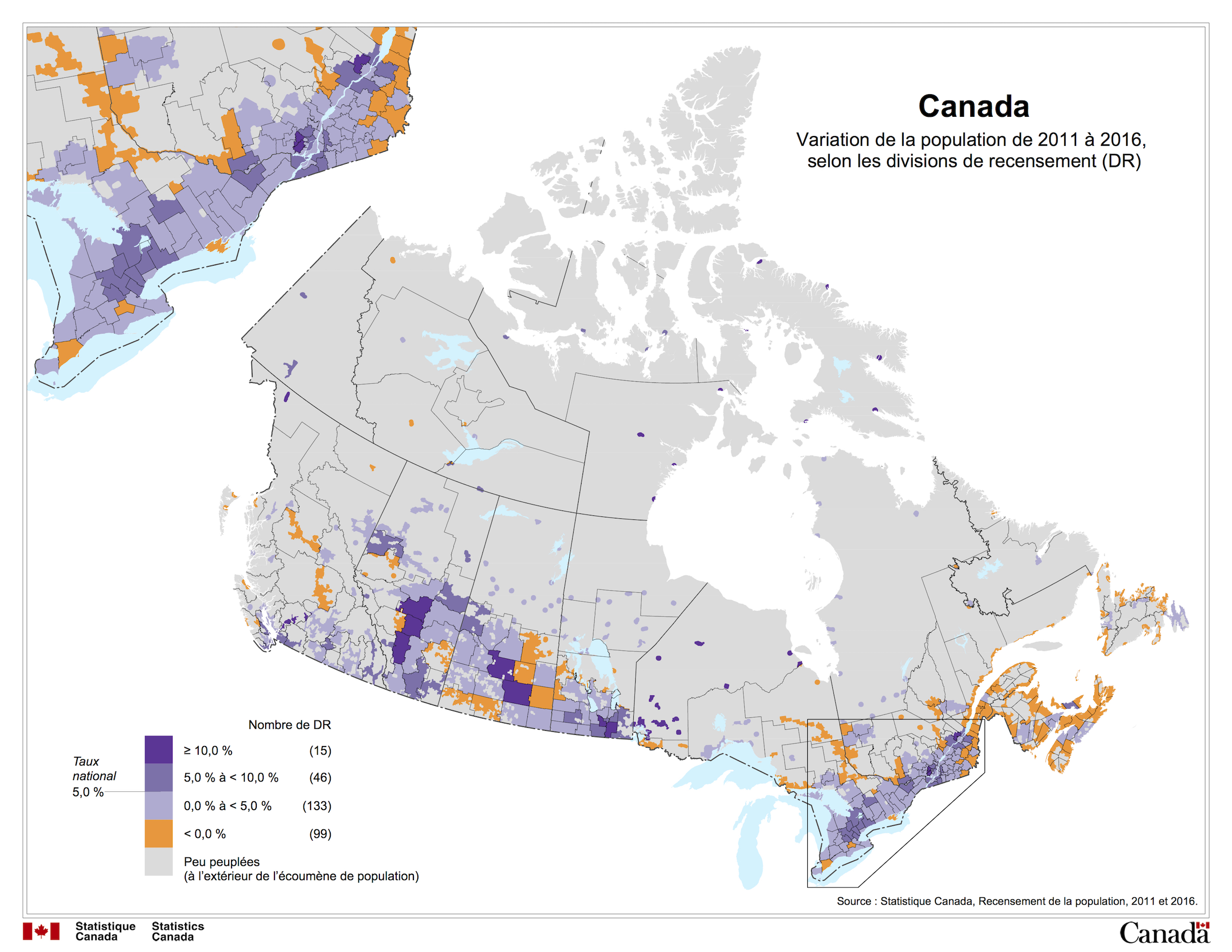 Canada - évolution de la population (2011-2016)