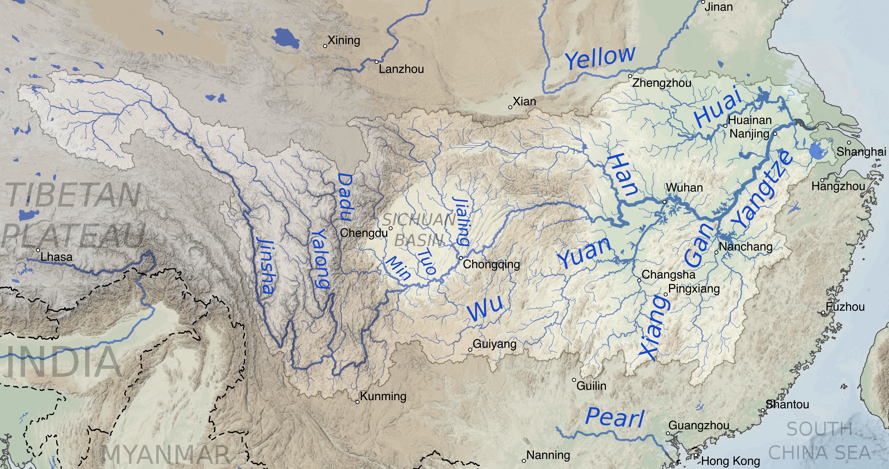 Какие крупные реки в китае. Водосборный бассейн реки Янцзы. Бассейн реки Янцзы на карте. Бассейн реки Хуанхэ и Янцзы. Бассейн реки Хуанхэ на карте.