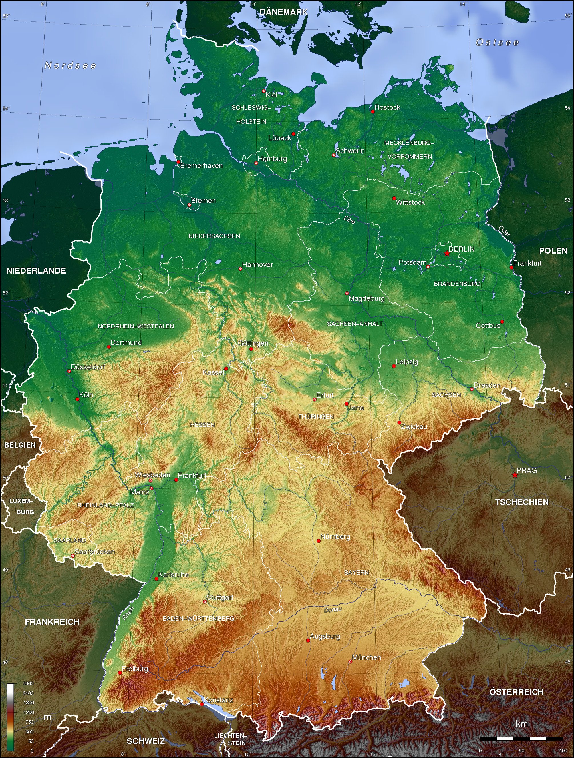  Allemagne  topographique  Carte  PopulationData net